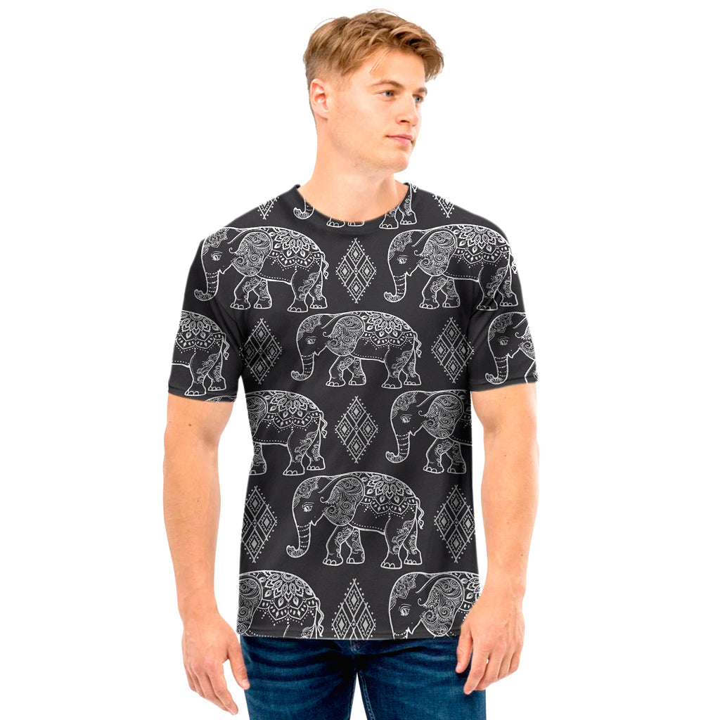 White And Grey Indian Elephant Print Men’S T-Shirt