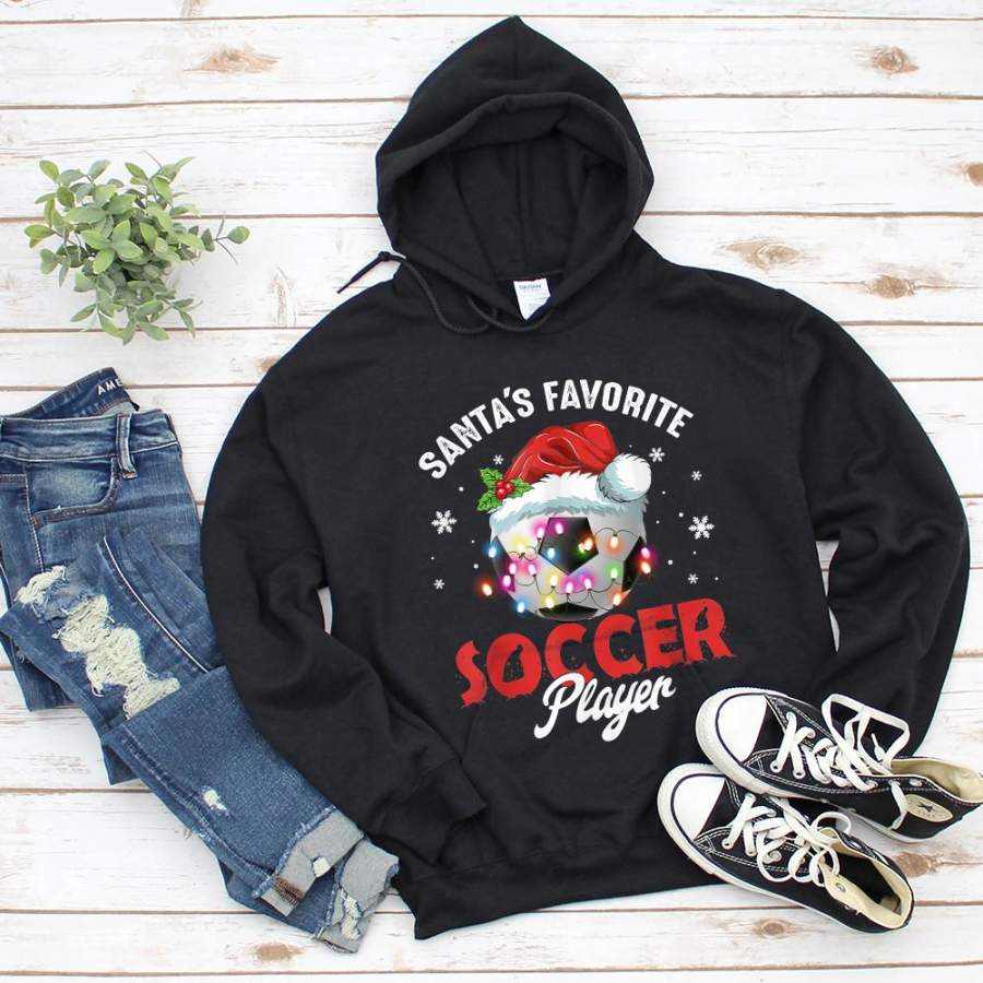 Soccer merry christmas funny santa’s favorite soccer player happy light snow black hoodie for men and women S-5XL