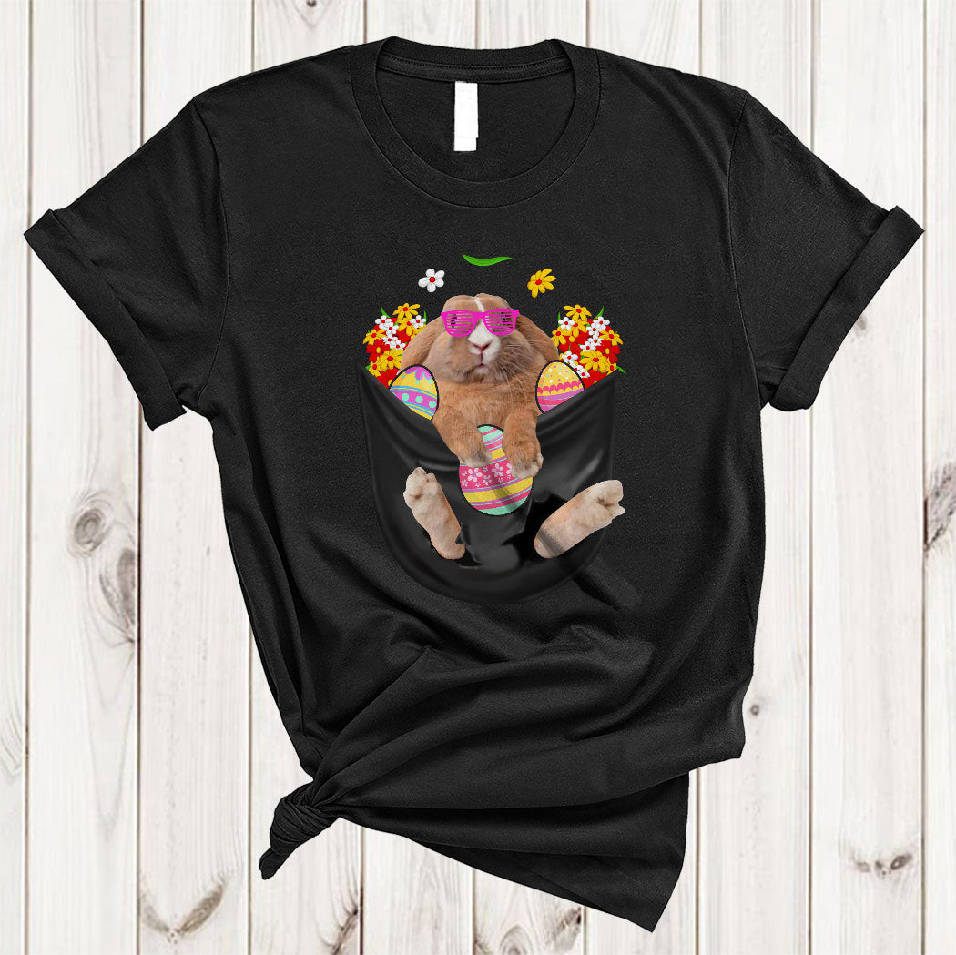 Bunny With Flower Easter Eggs In Pocket Funny Cute Easter Day Egg Hunting Bunny Lover Gifts T-Shirt