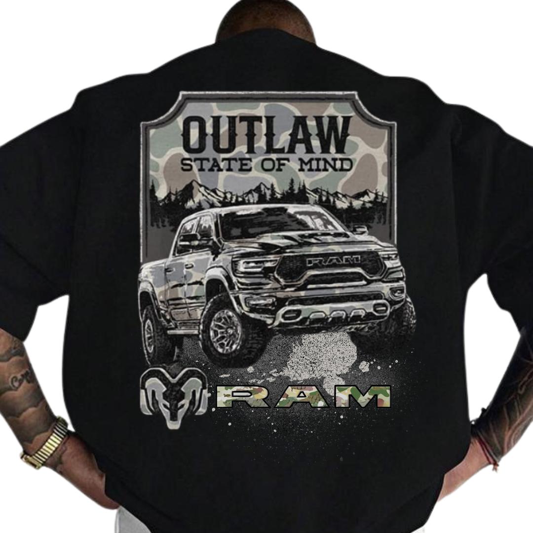 Outlaw RAM Truck 2 Sides Tee Camo Mountains Graphic for Car Lover, Summer Outfit, Country Clothing, Short Sleeve T Shirt