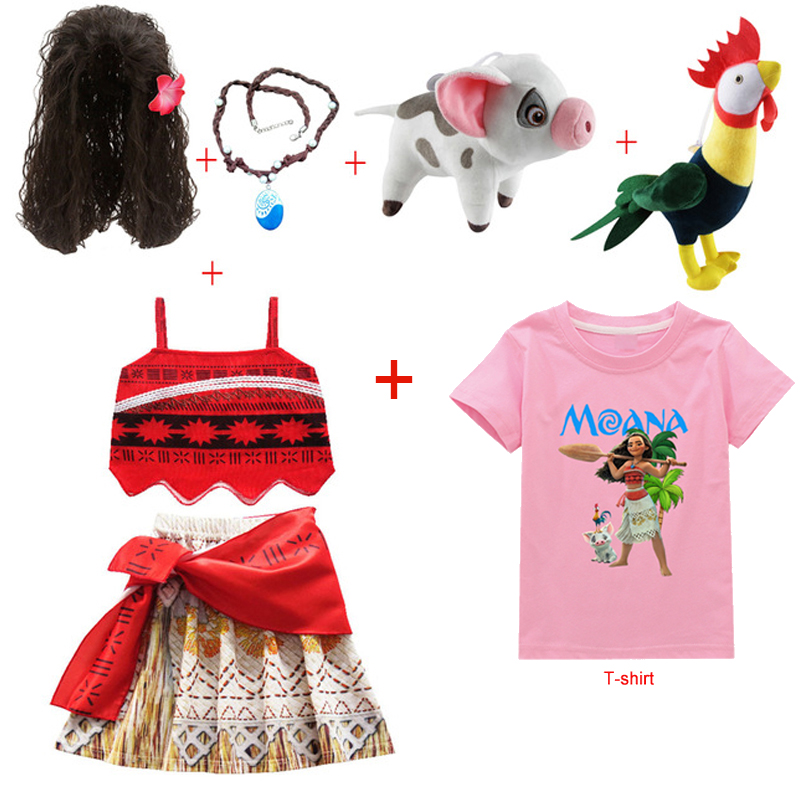 2022 New Summer Moana Girls Dress with Necklace Pig chick Kids T shirt Children Princess Party Cosplay Costume Vaiana swimsuit alx