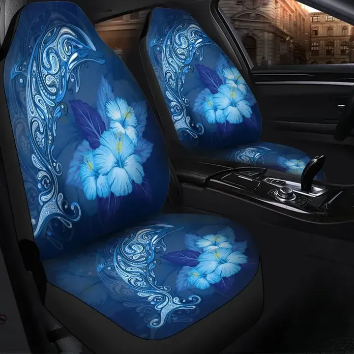 Hawaiian Dolphin Hibiscus Tropic Blue Polynesian Printed Car Seat Covers