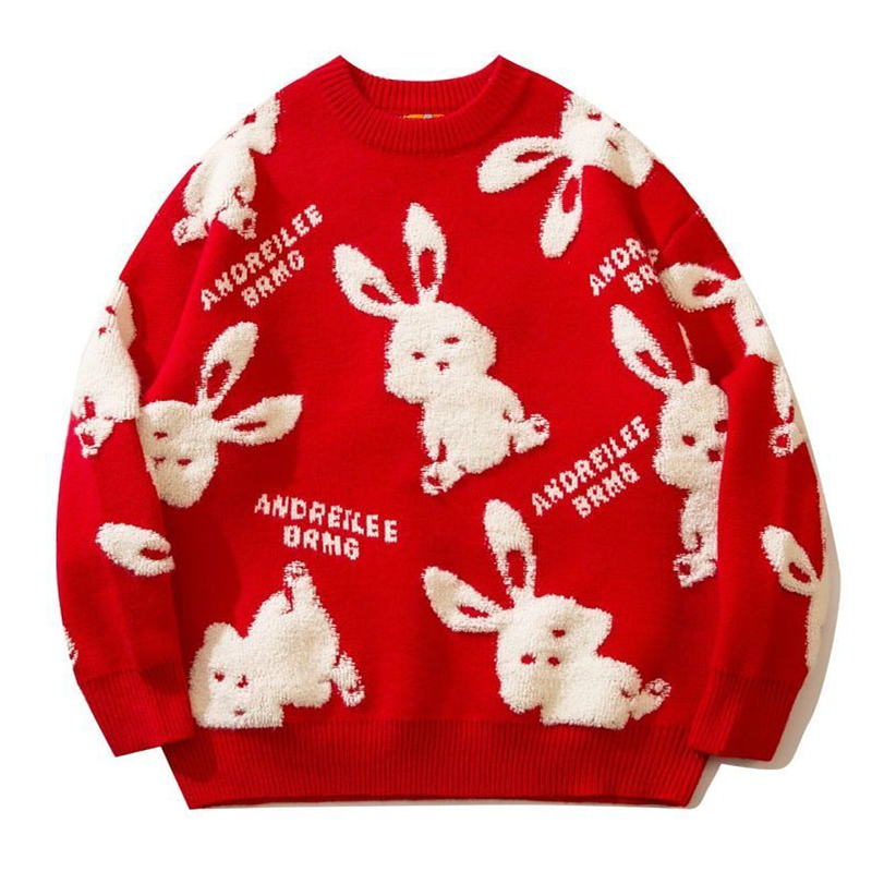 Luxury Lamb Fleece Bunny Rabbit Embroidery Sweaters Unisex Couples Thicken Winter O-neck Pullover Goth Streetwear Kawaii Clothes alx