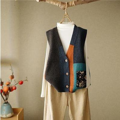 Sweater Vest Women Patchwork Design Ulzzang Lady Fashion V-neck Autumn Clothes Single Breasted Streetwear All-match New Leisure alx