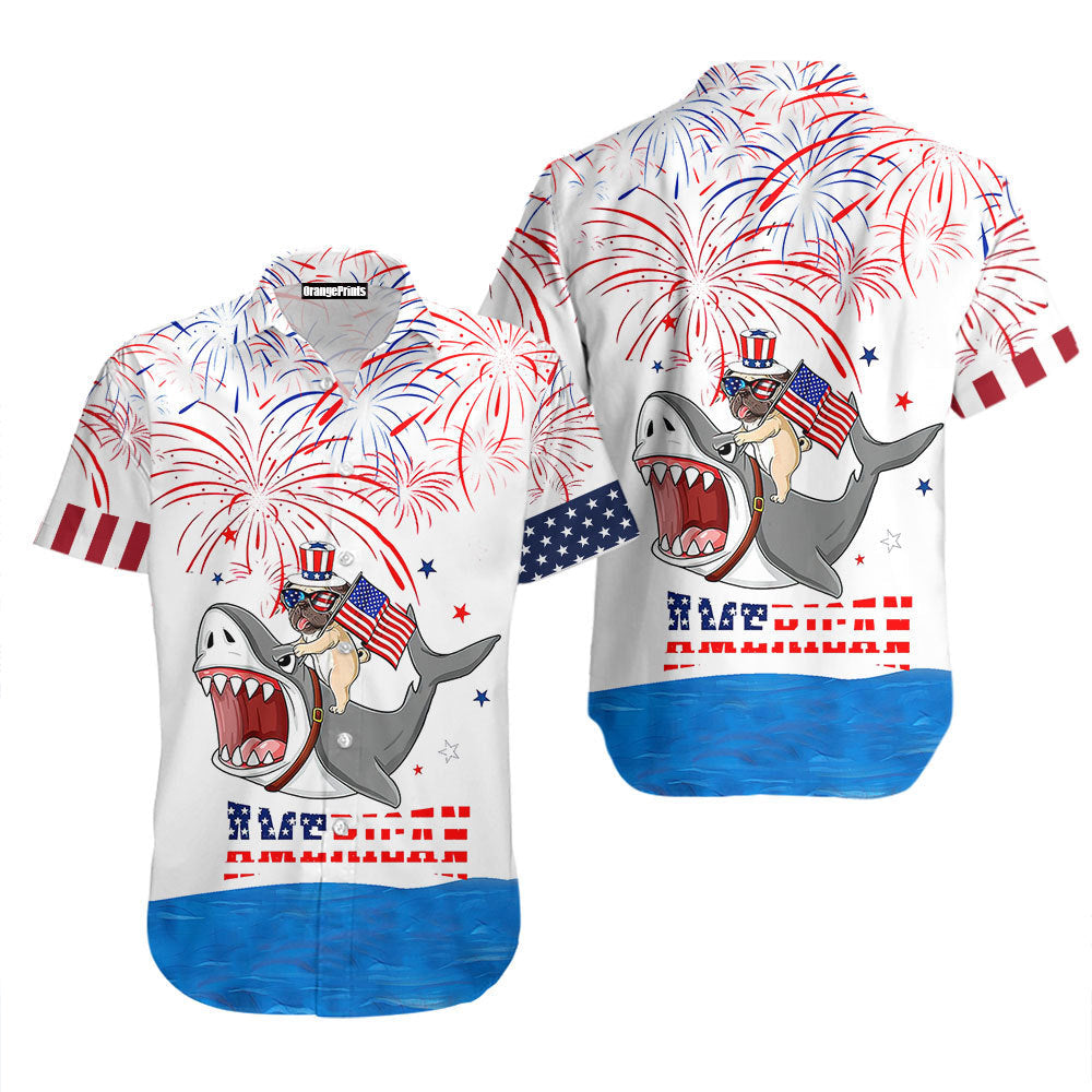 Puppy Riding Shark With American Flag Firework Hawaiian Shirt – For Men And Women