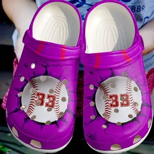 Baseball Lover Purple Personalize Clog Custom Crocss Clog Number On Sandal Fashion Style Comfortable For Women Men Kid