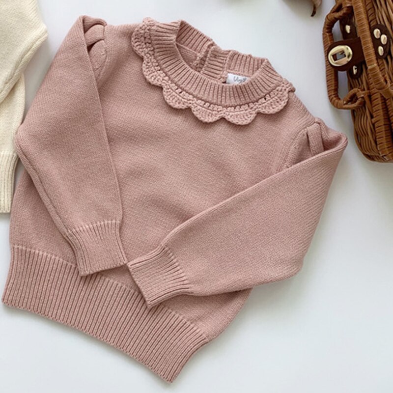 2022 Baby Girls Sweater Autumn Toddlers Kids Knitted Pullovers Tops Korean Style Pure Color Ruffle Collar Baby Girls Sweaters alx