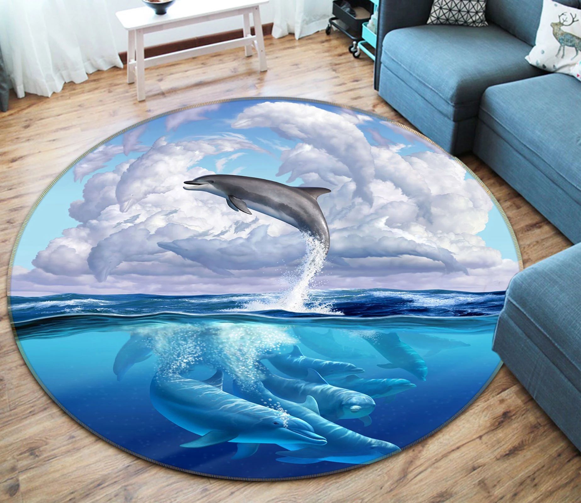 3D Dolphin In Blue Sea Clouds Round Rug – Round Carpet Home Decor