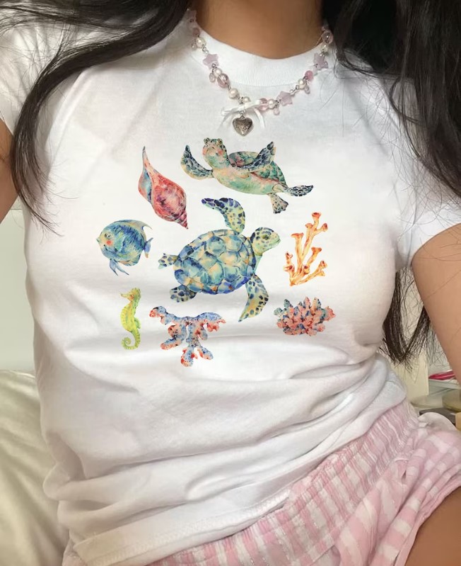 Baby Tee Y2k Print Retro Shirt Graphic Retro Shirt Streetwear Clothes Women Seashell Shirt Outfit