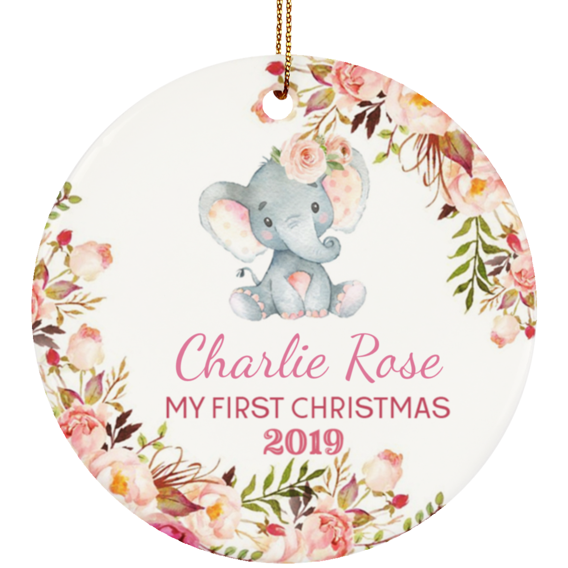 Lucy’S Style – My First Christmas 2019 Cute Elephant And Flowers Customize Ornament – Best Gift For New Baby, New Mom & Dad For Christmas Customize Ceramic Circle Ornament