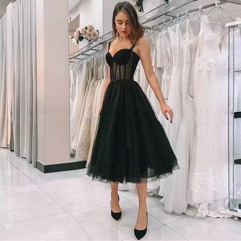 Black Polka-Dot Evening Dresses Tea-Length Spaghetti Straps Sweetheart Elegant Short Party Prom Gown A-Line Tulle Sleeveless alx