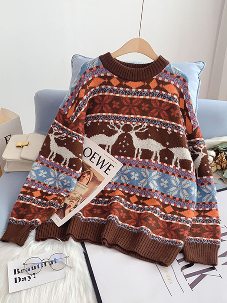 2023 New Year's Clothes Women Christmas Deer Sweater Warm Thick Casual Oversized Jumper O Neck Knitwear Xmas Look C-196 alx