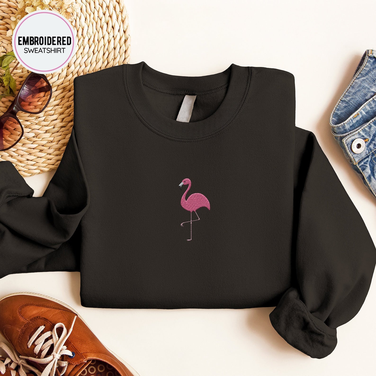 Flamingo Embroidered Sweatshirt 2D Crewneck Sweatshirt All Over Print Sweatshirt For Women Sweatshirt For Men Sws2861