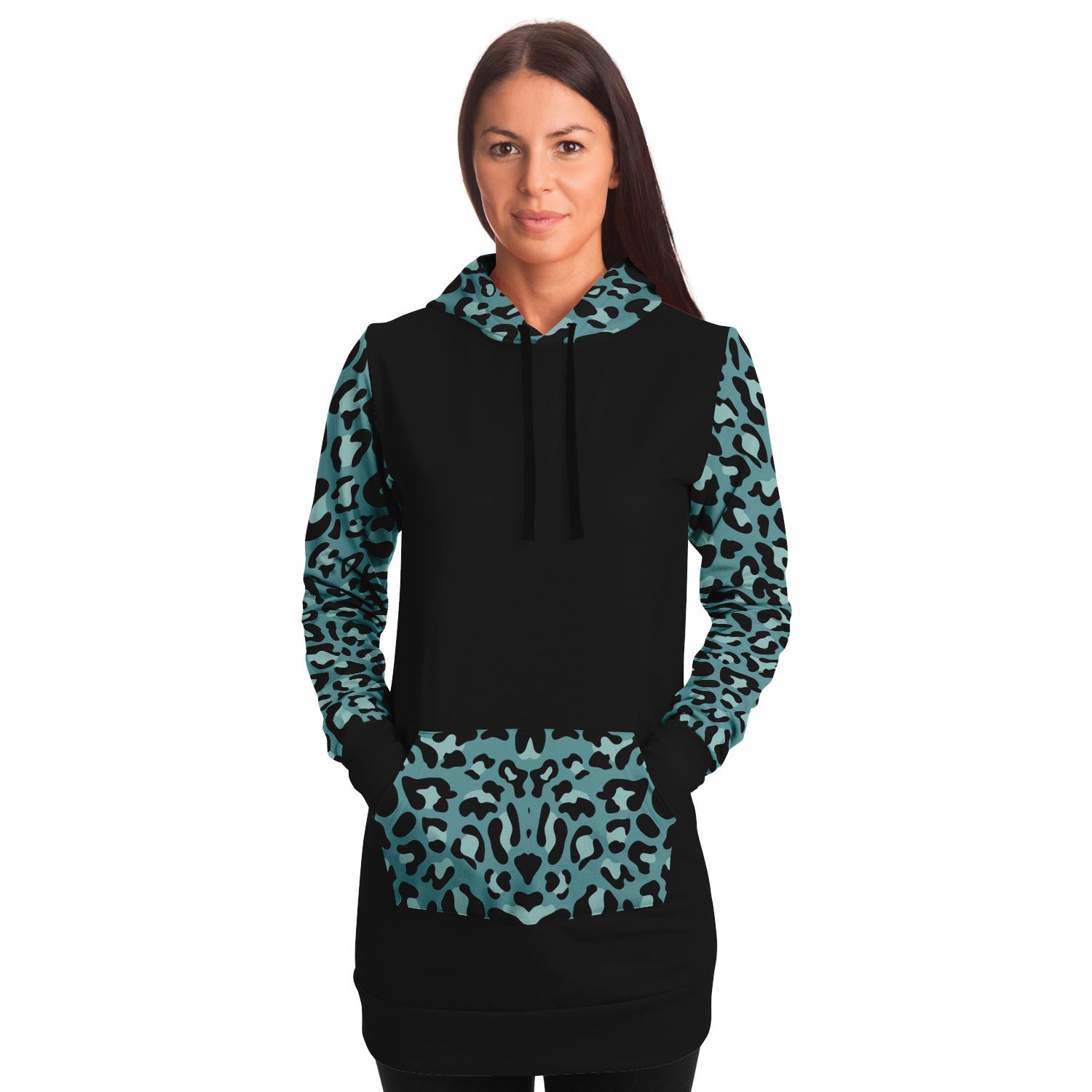 Black Longline Hoodie Dress With Minty Teal Leopard Print Contrast Sleeves, Pocket And Hood