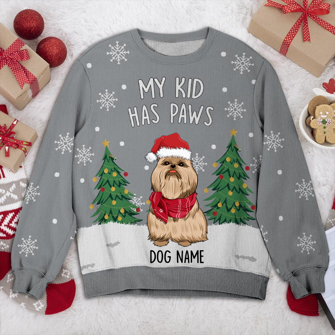 Shih Tzu 3 My Kid Has Paws Personalized Sweater, Dog Ugly Christmas Sweater