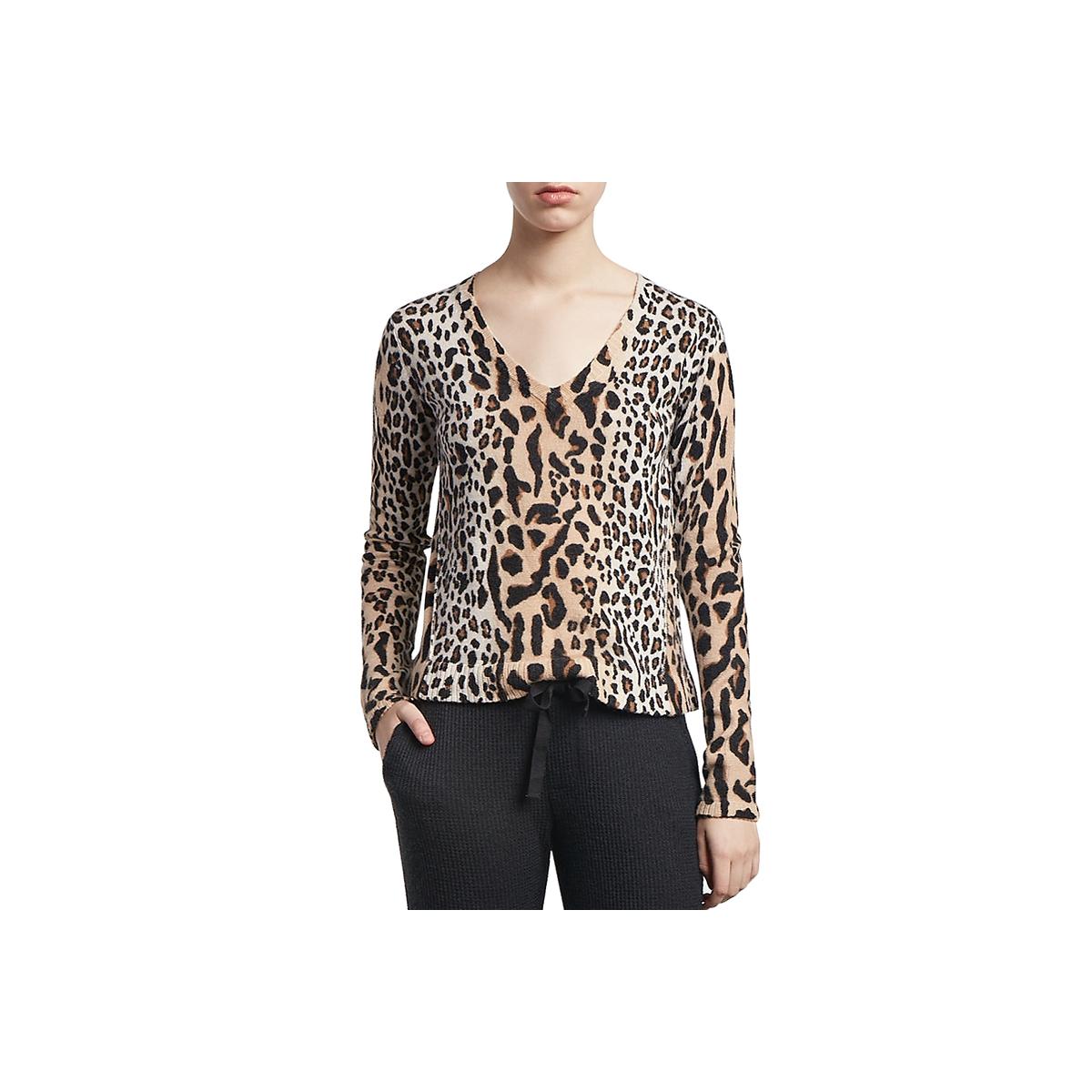 Womens Leopard Print V-Neck Pullover Sweater