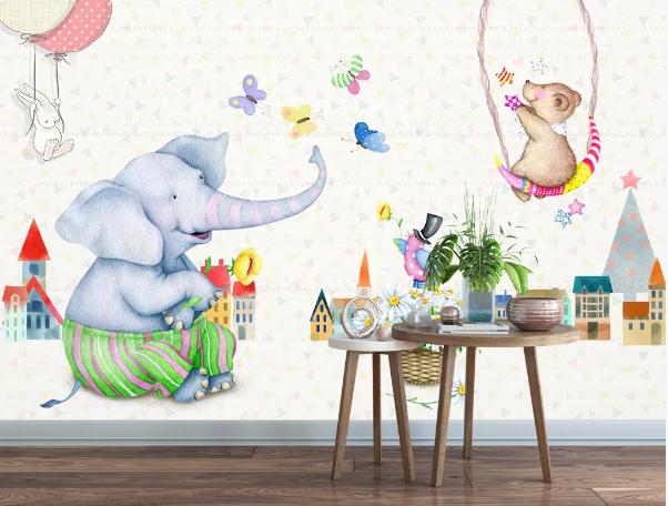 3D Cartoon Elephant Wall Mural Wallpaper 146