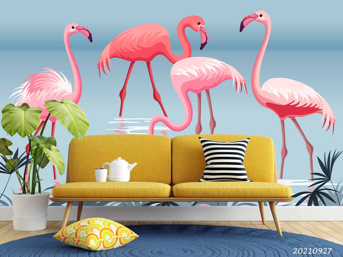 3D Hand Drawn Animal Pink Flamingo Wall Mural Wallpaper Lqh 149