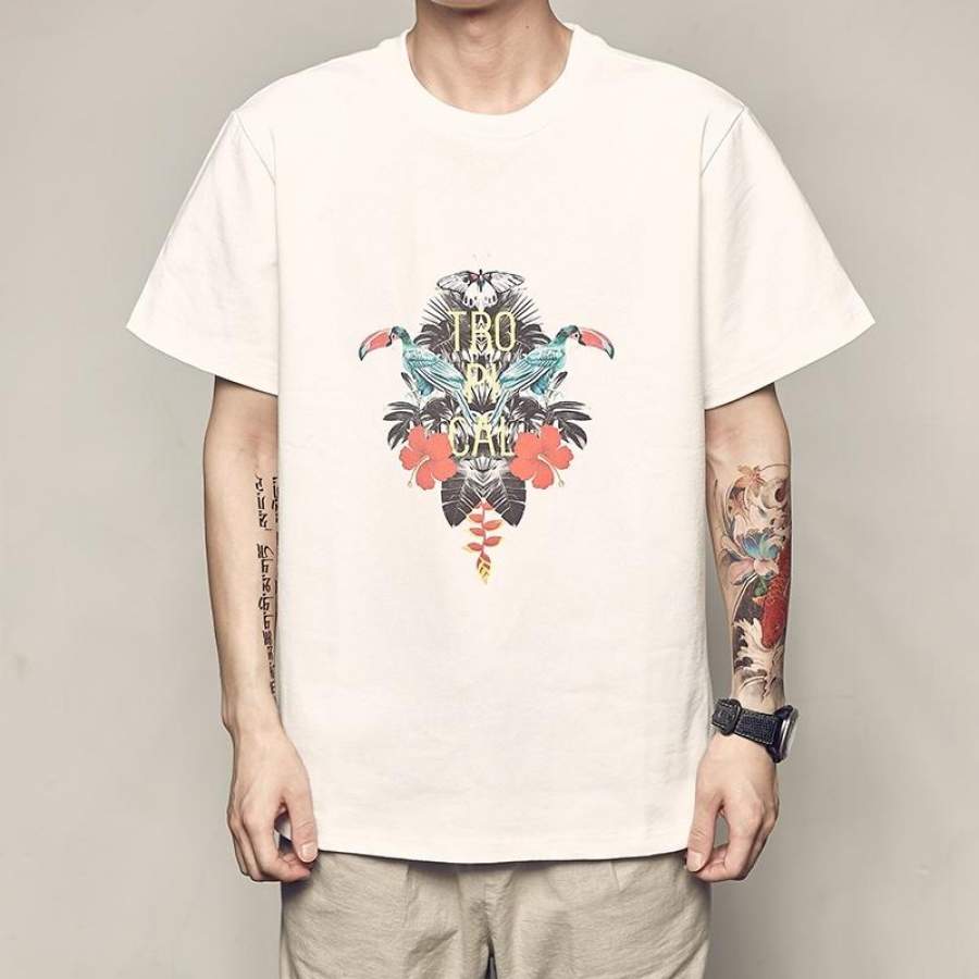 Men’s summer new Tropical Parrot print short sleeved t-shirt men’s day retro boy fashion sweater pure cotton TEE
