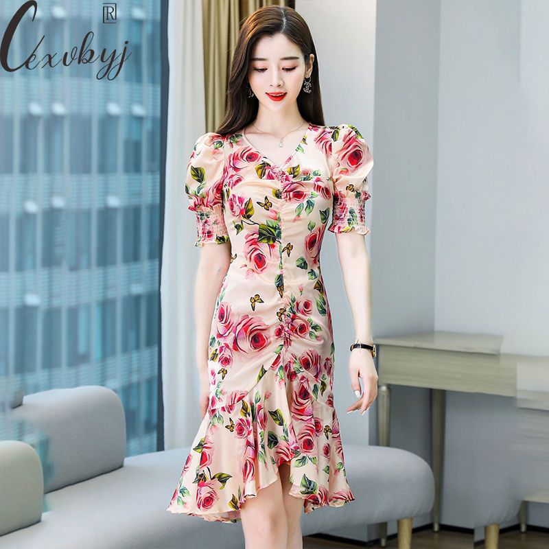 Women Elegant V-Neck Mermaid Dress Korean Fashion Slim Waist Party Dress Summer Short Sleeve Floral Vintage Prom Vestidos L-4xl alx