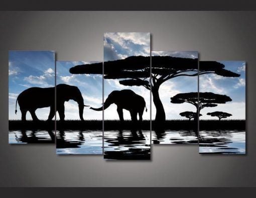 African Landscape Elephant Silhouette Animal 5 Panel Canvas Art Wall Decor