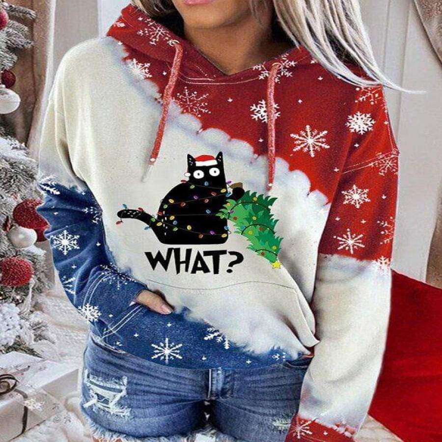 Women’s Funny Cat Holding with Christmas Tree Print Pocket Tie-dye Hoodie 3D All Over Print