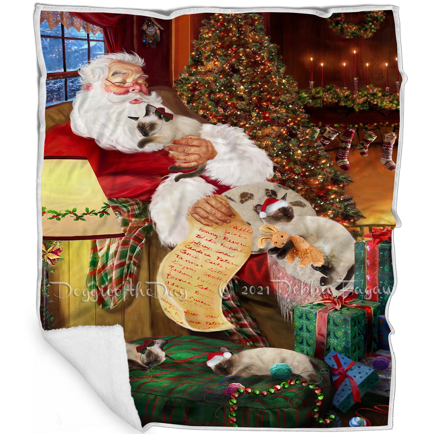 Siamese Cats And Kittens Sleeping With Santa Blanket