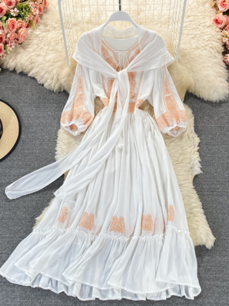 Bohemian White/Yellow/Red Embroidered Dress Women Scarf Collar Puff Long Sleeve Elegant High Waist Vestidos 2022 Female Robe New alx