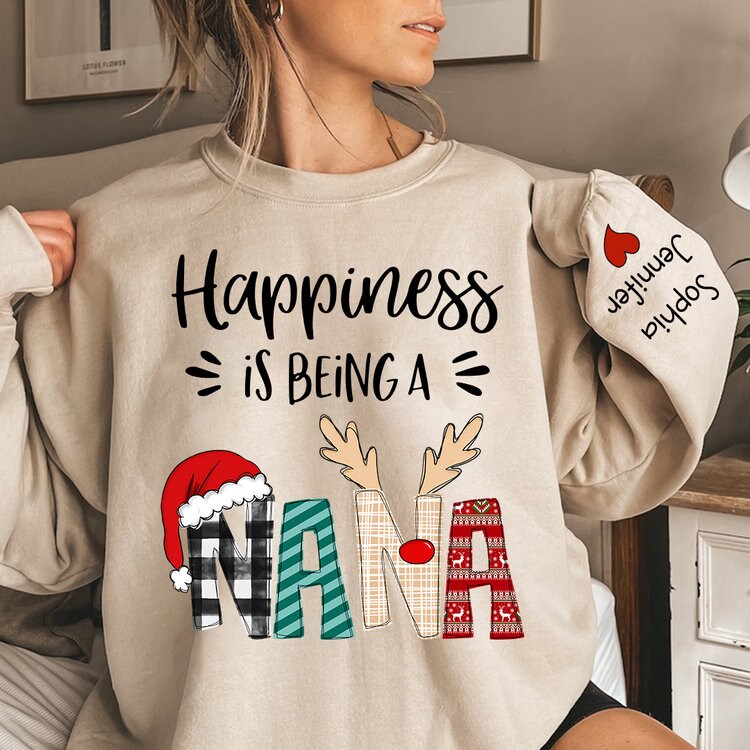 Christmas Grandma Sweatshirt, Happiness is being a Nana Sweatshirt, Nana Sweatshirt Kids on Sleeve, Custom Xmas Nana Sweatshirt