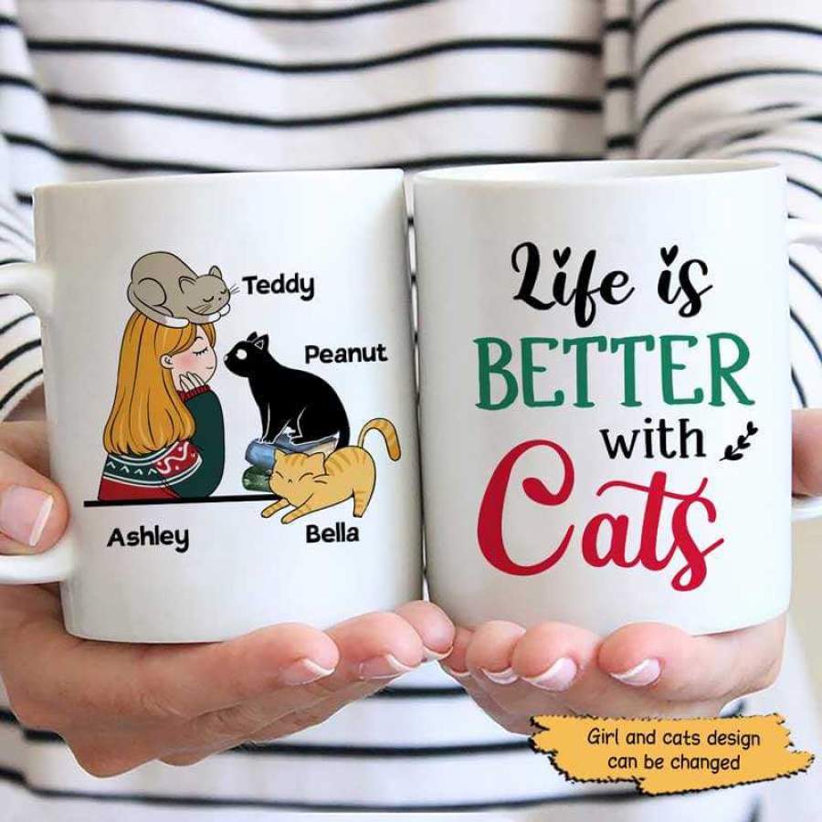 Life Is Better With Cats Sitting Girl Personalized Mug