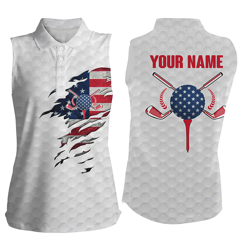 American Flag White Golf Ball Skin Womens Sleeveless Polo Shirt, Custom Ladies Sleeveless Golf Shirt