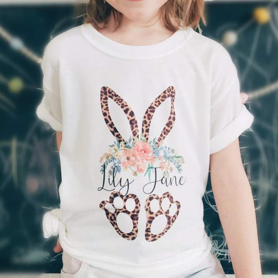 Personalized leopard bunny ears baby name easter shirt GST