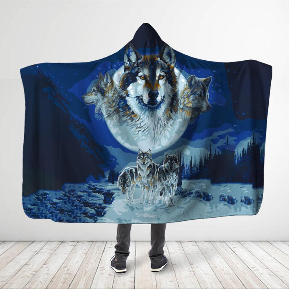 Native American – Wolf 3D All Over Printed Wolves In Snownight Hooded Blanket