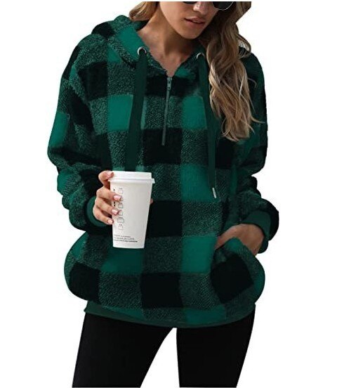 2022 Autumn and Winter New Women’s Long-sleeved Hooded Plaid Fleece Women’s Sweater Coat alx