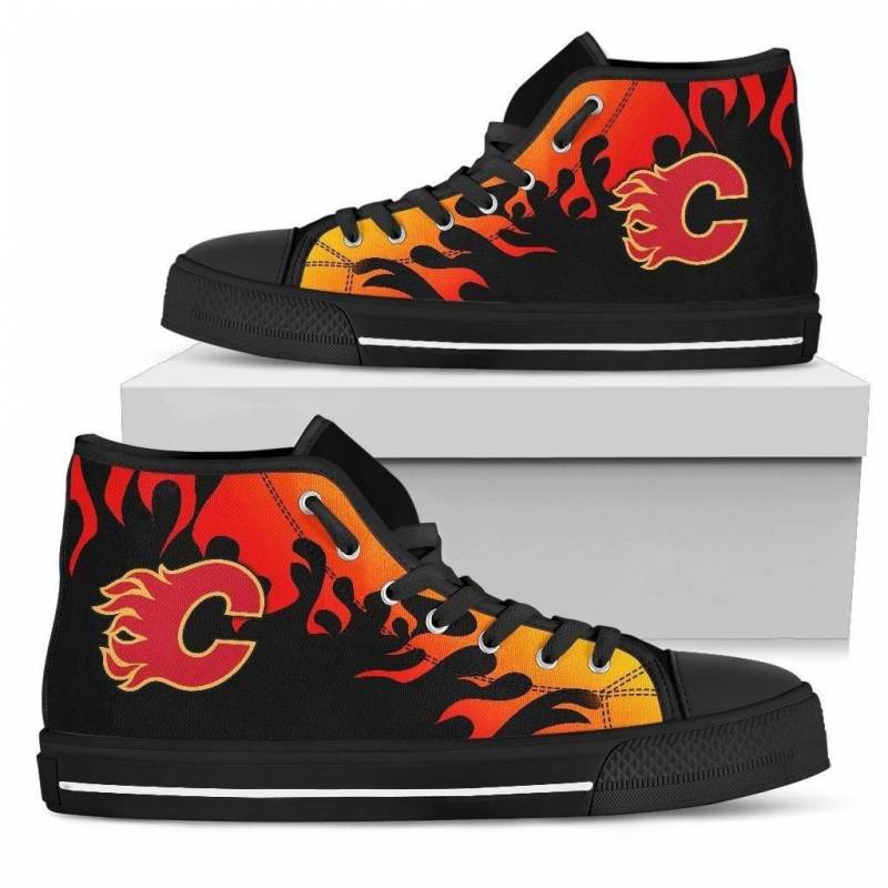 Fire Burning Fierce Strong Logo Calgary Flames High Top Shoes #947