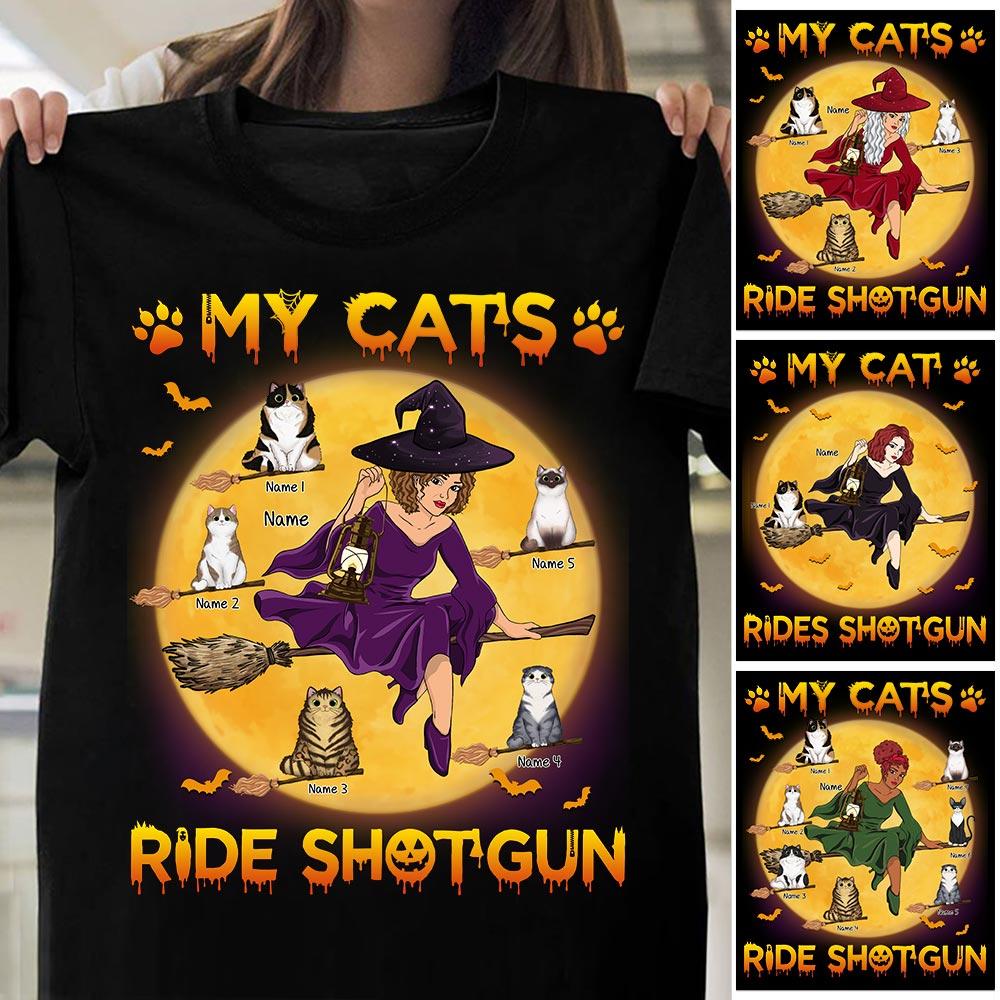 Personalized My Cats Ride Shotgun Halloween Shirt Funny Cat Mom Witch Shirt Custom Cat Mom Cat Names Shirt