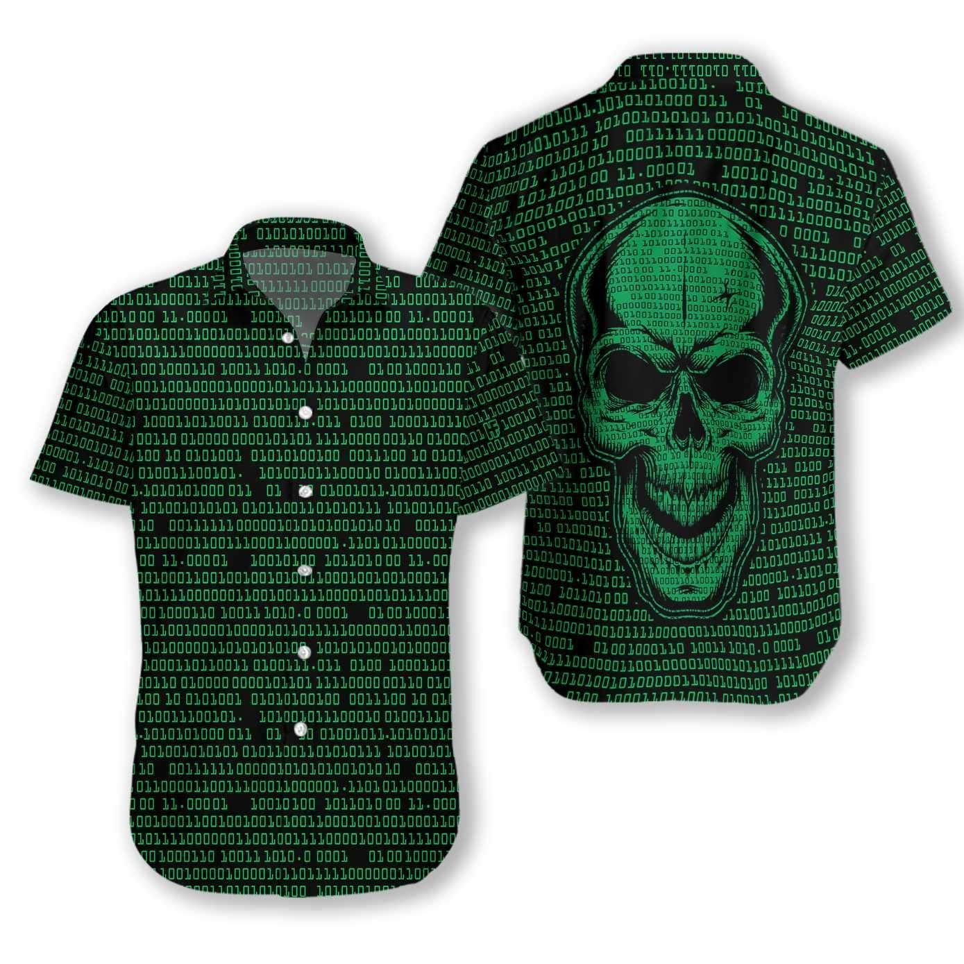 Find Binary Code Skull Dark Green Hawaii Aloha Shirts Ha13529