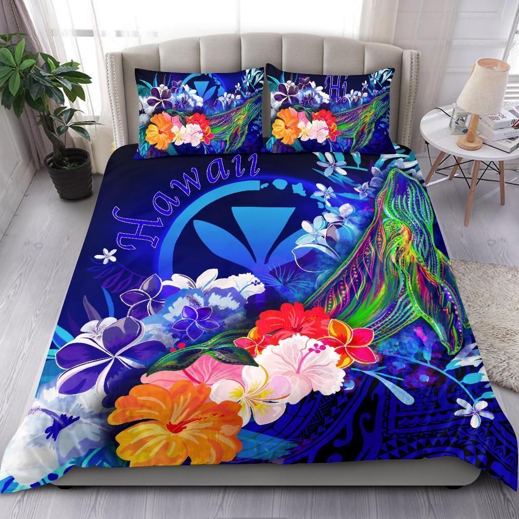 Alohawaii Bedding Set – Cover And Pillow Cases Polynesian Hawaii Custom Personalised – Kanaka Maoli  Humpback Whale With Tropical Flowers (Blue)- Bn18