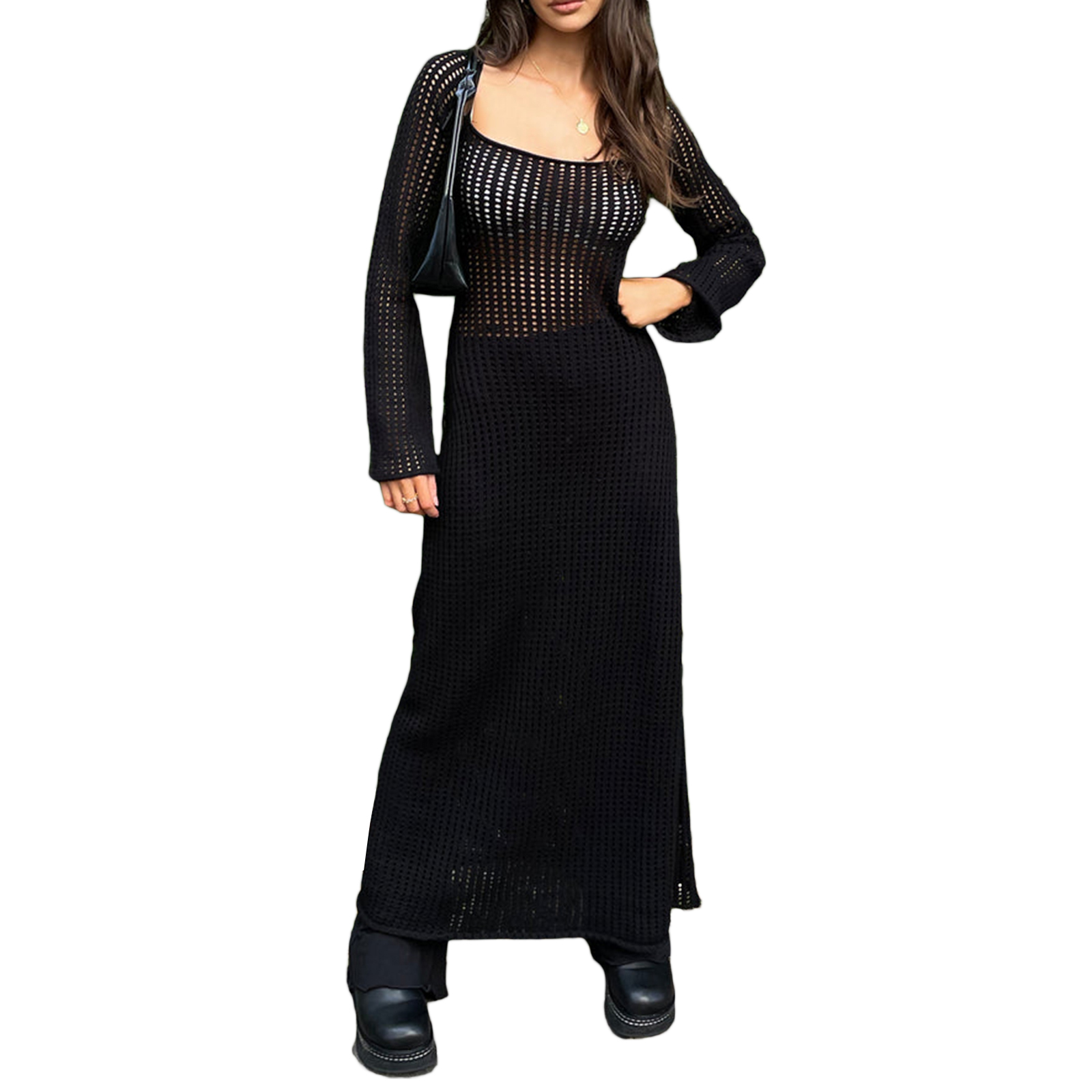 Women Crochet Long Dress Long Sleeve Hollow Out Solid Color Cutout Knitted Midi Dress Beach Cover-Up Streetwear alx