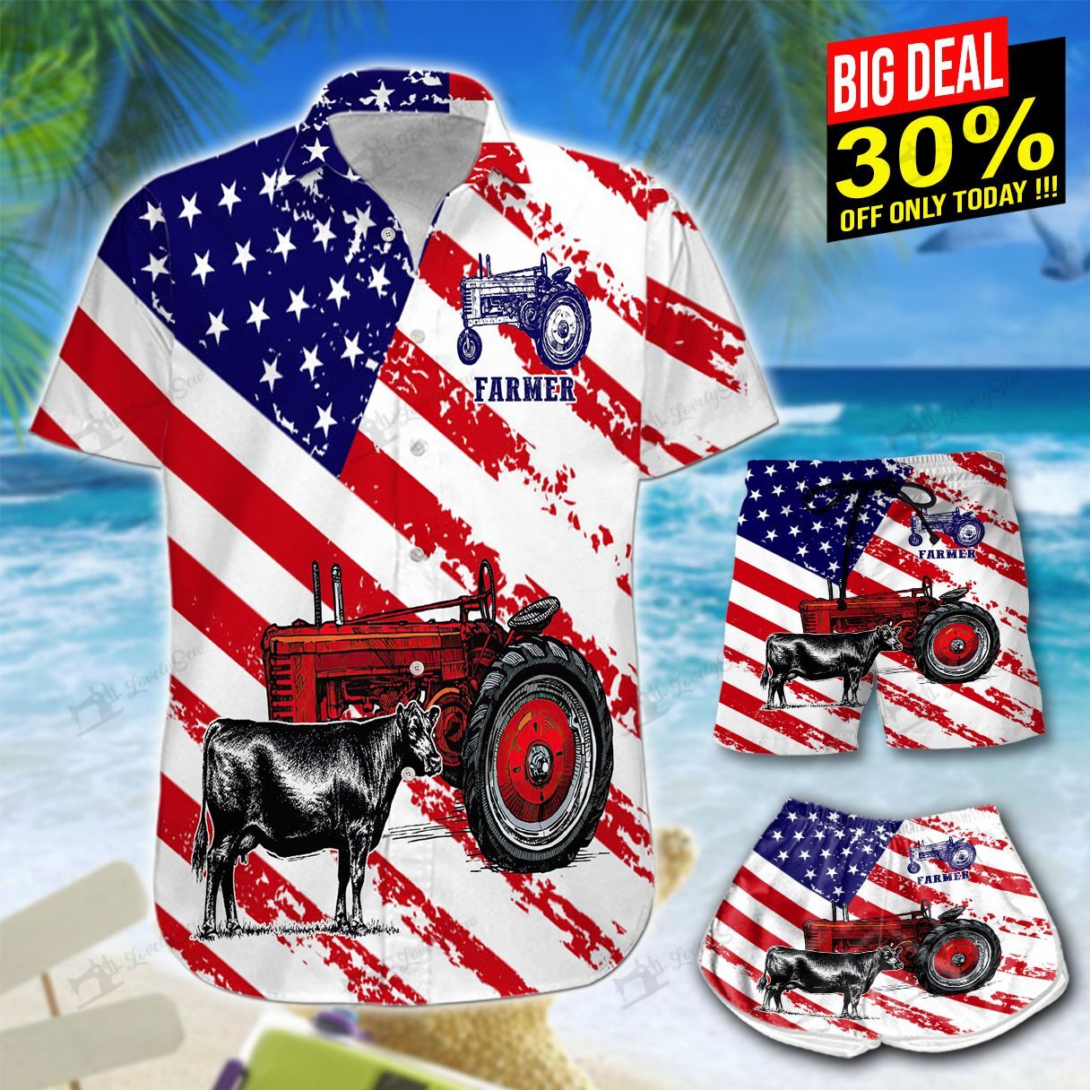 Tractor Angus American Flag Hawaiian Shirt Shorts Ha22085