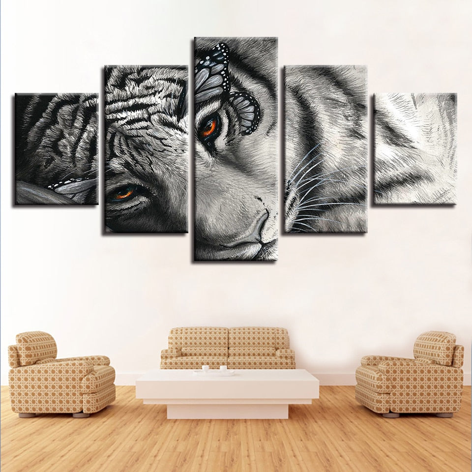 White And Black Sleeping Tiger 5 Piece Hd Multi Panel Canvas Wall Art Frame