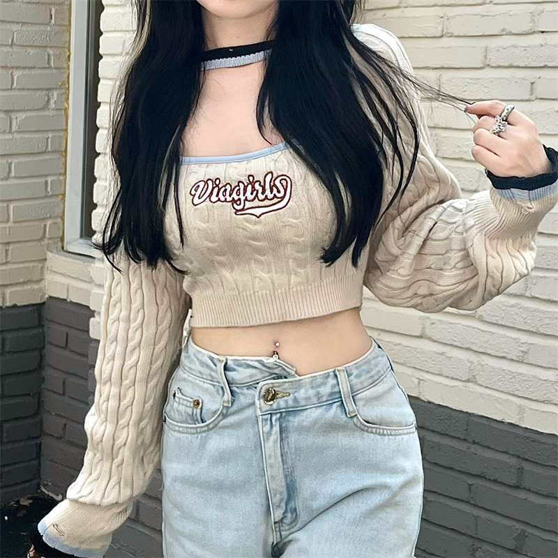 Autumn Women Streetwear Knitted 2 Piece Set Casual Y2K Letter Embroidery Vest Shawl Coat Harajuku Sweet Girls Sweater Crop Tops alx