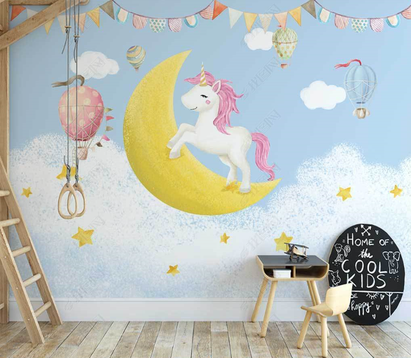 3D Cartoon Cloud Moon Unicorn Wall Mural Wallpaper Lqh 131