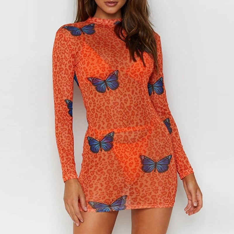 Sexy Animal Print Butterfly Nightclub Fashion Round Neck Bright Orange Slim Long Sleeve Dress