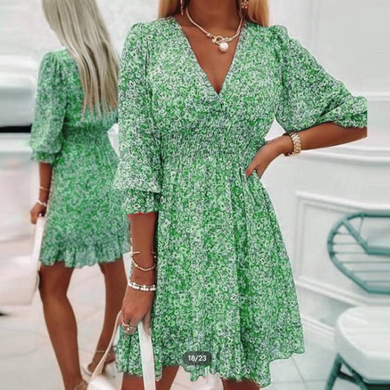 Women’s Casual Floral Pinted Dress Summer Fashion Half Sleeves V Neck Mid Waist Sweet Princess Dress Beach Bohemia Party Dresses alx