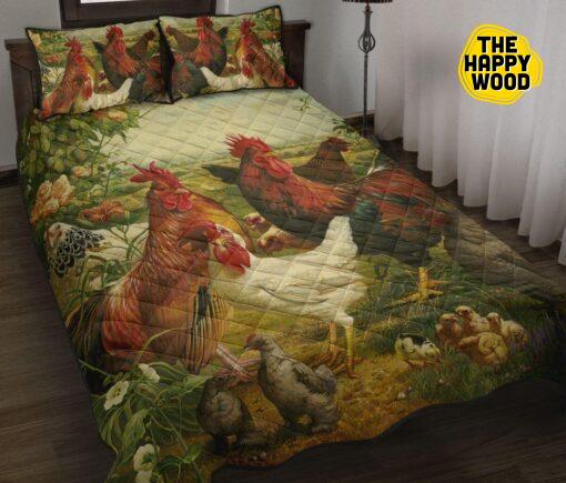 Chicken Family Flower Painting Beauty Quilt Bed Set And Pillow Covers