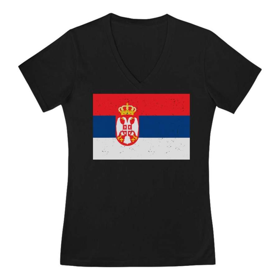 Vintage Serbia Flag V-Neck Fitted Women T-Shirt