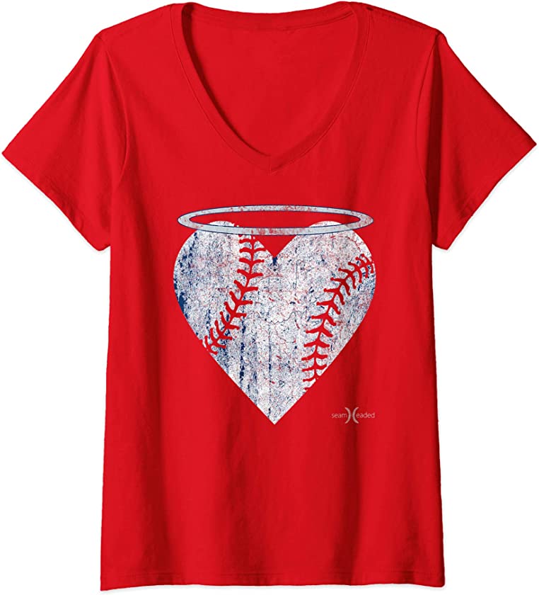 Womens Vintage Angel Baseball Heart with Halo V-Neck T-Shirt