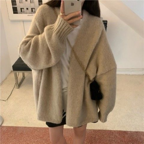 Cardigans Women Retro Elegant V-neck Thicker Winter Korean Version All-match Basic Sweater Solid Tender Students Feminino Lazy alx