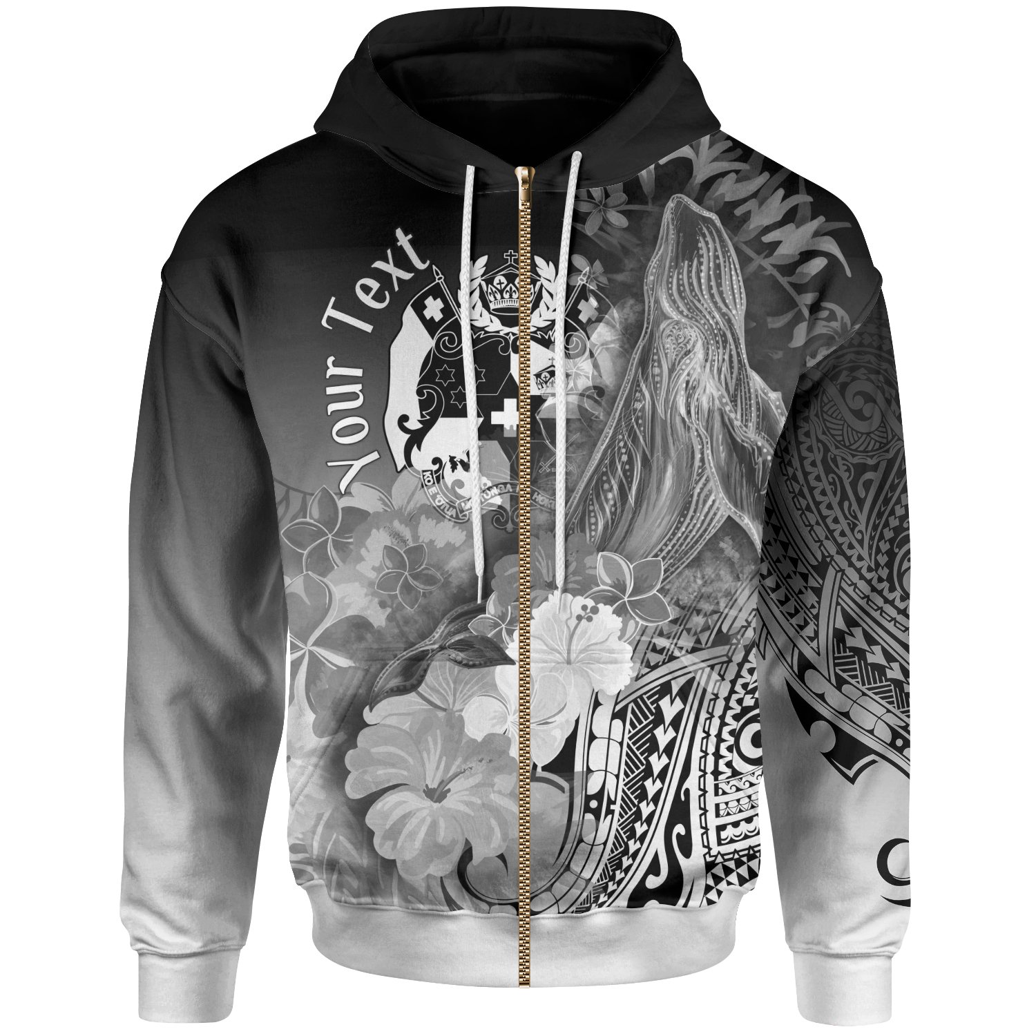 Tonga Personalised Zip-Up Hoodie – Humpback Whale with Tropical Flowers (White)- Pacific Print Hoodie